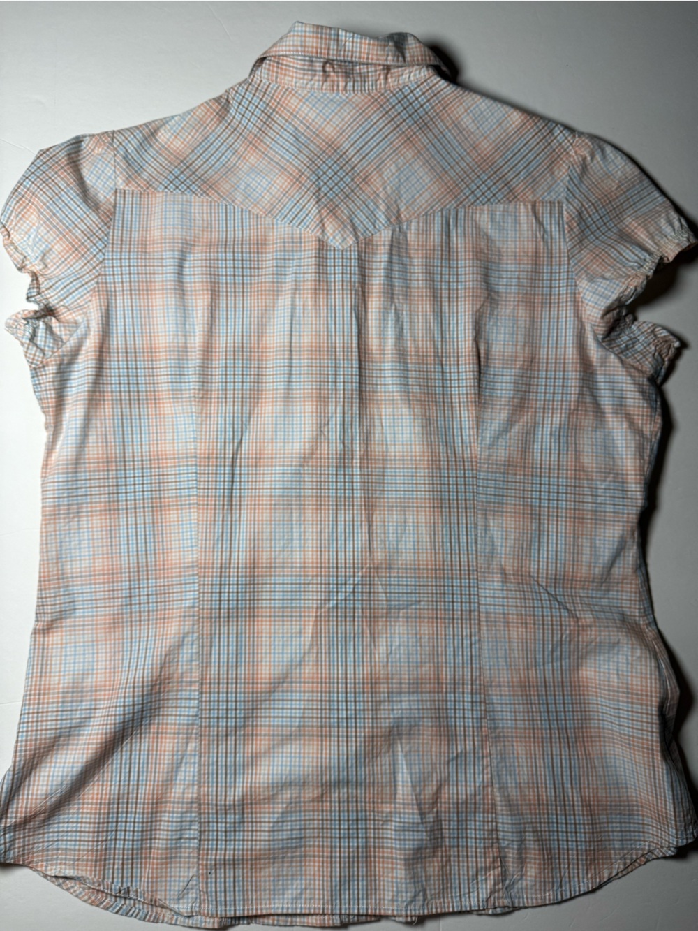 Roper XL Western Plaid Snap Button Shirt Peach Blue Puff Sleeve 100% cotton top - Picture 9 of 9